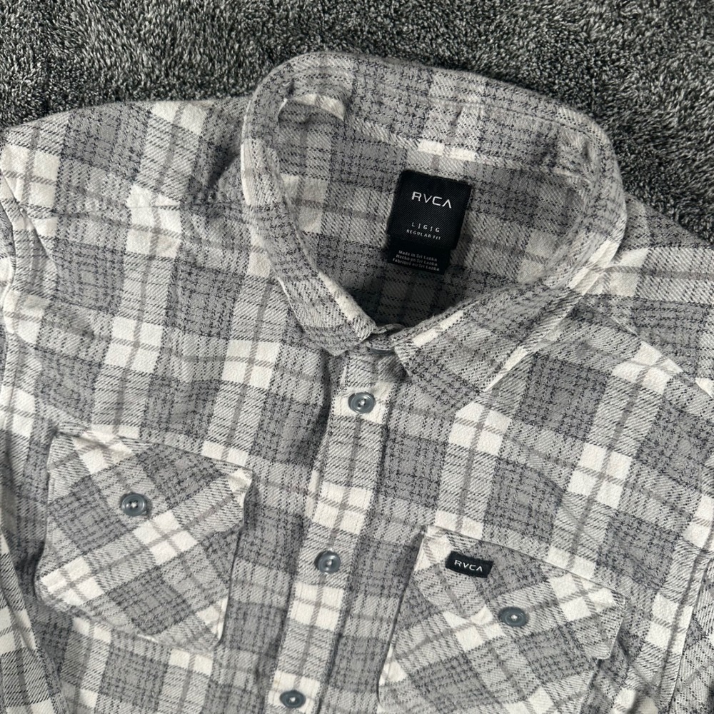 RVCA Flannel Shirt Mens Large Grey Plaid Outdoors Long Sleeve Button Down EUC